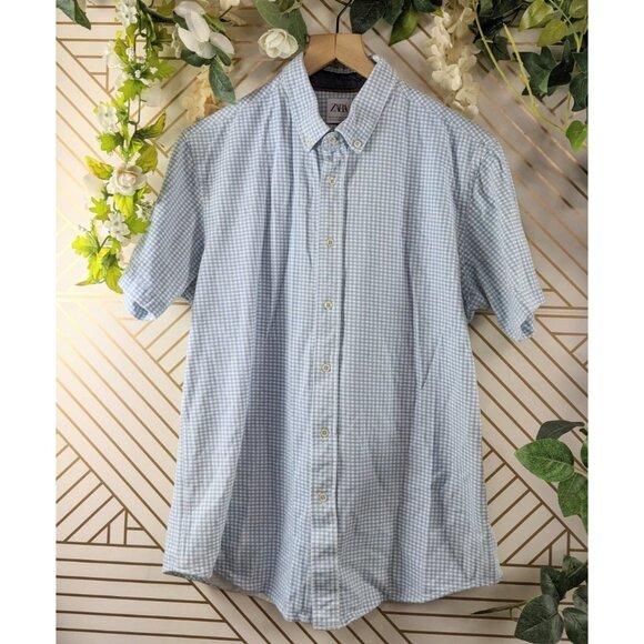 Zara Men's Gingham Light Blue And White Button Up Short Sleeve Collar Size XL - Picture 1 of 7